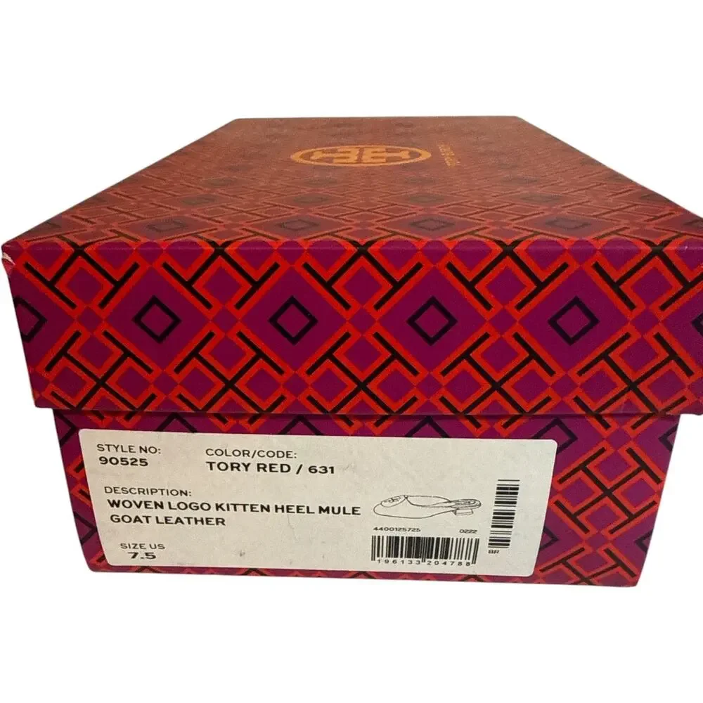 Tory Burch Woven Logo Kitten Heel Mules Red Leather Size 7.5 New With Box